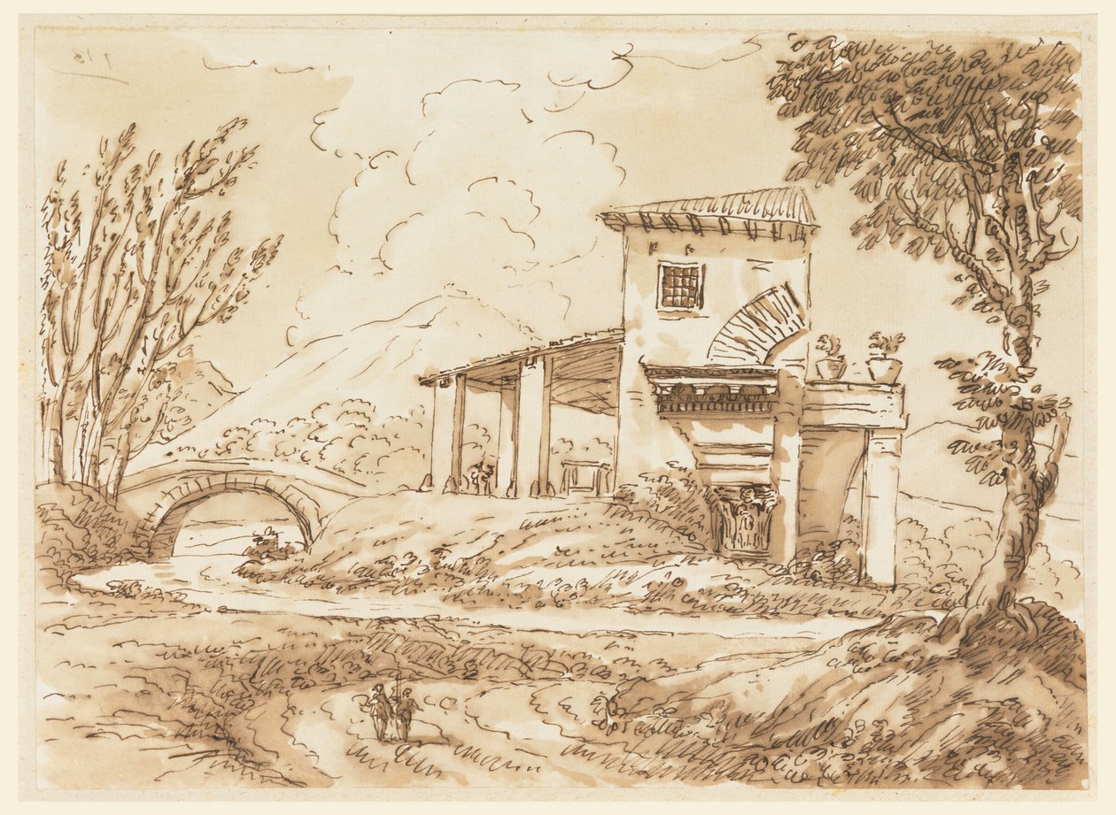 Rajz, Tájkép villával, 1750-60 alkotó: Carlo Marchionni