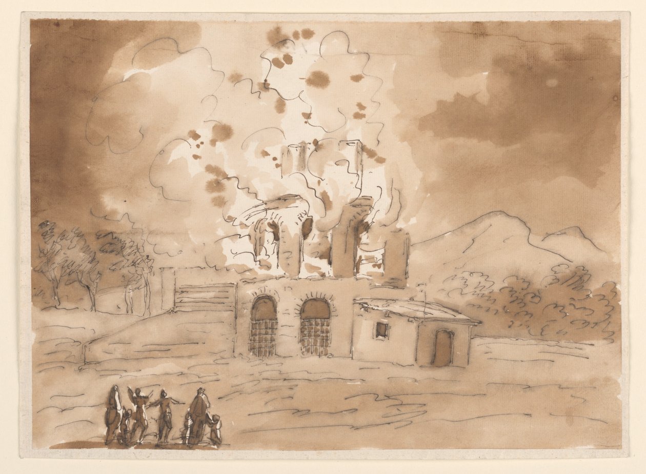 Rajz, Tájkép égő toronnyal, 1780 körül. alkotó: Carlo Marchionni