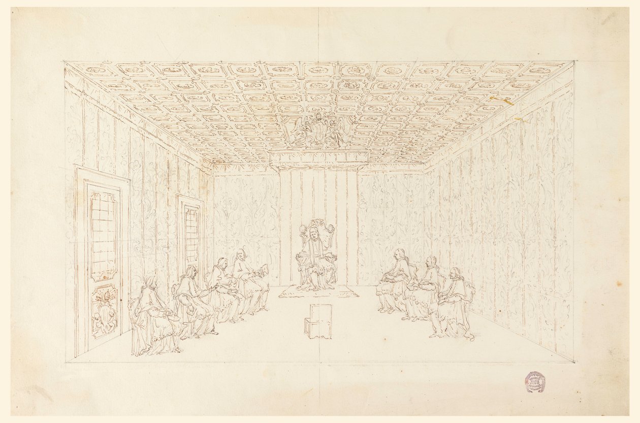 Rajz, XIV. Benedek pápa a bíborosokkal tartott konzisztóriumon, 1740-58 alkotó: Carlo Marchionni