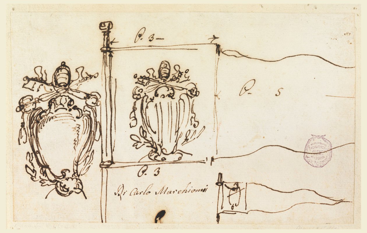 Rajz, Három vázlat XIV. Benedek pápa zászlajához, 1740-58 alkotó: Carlo Marchionni
