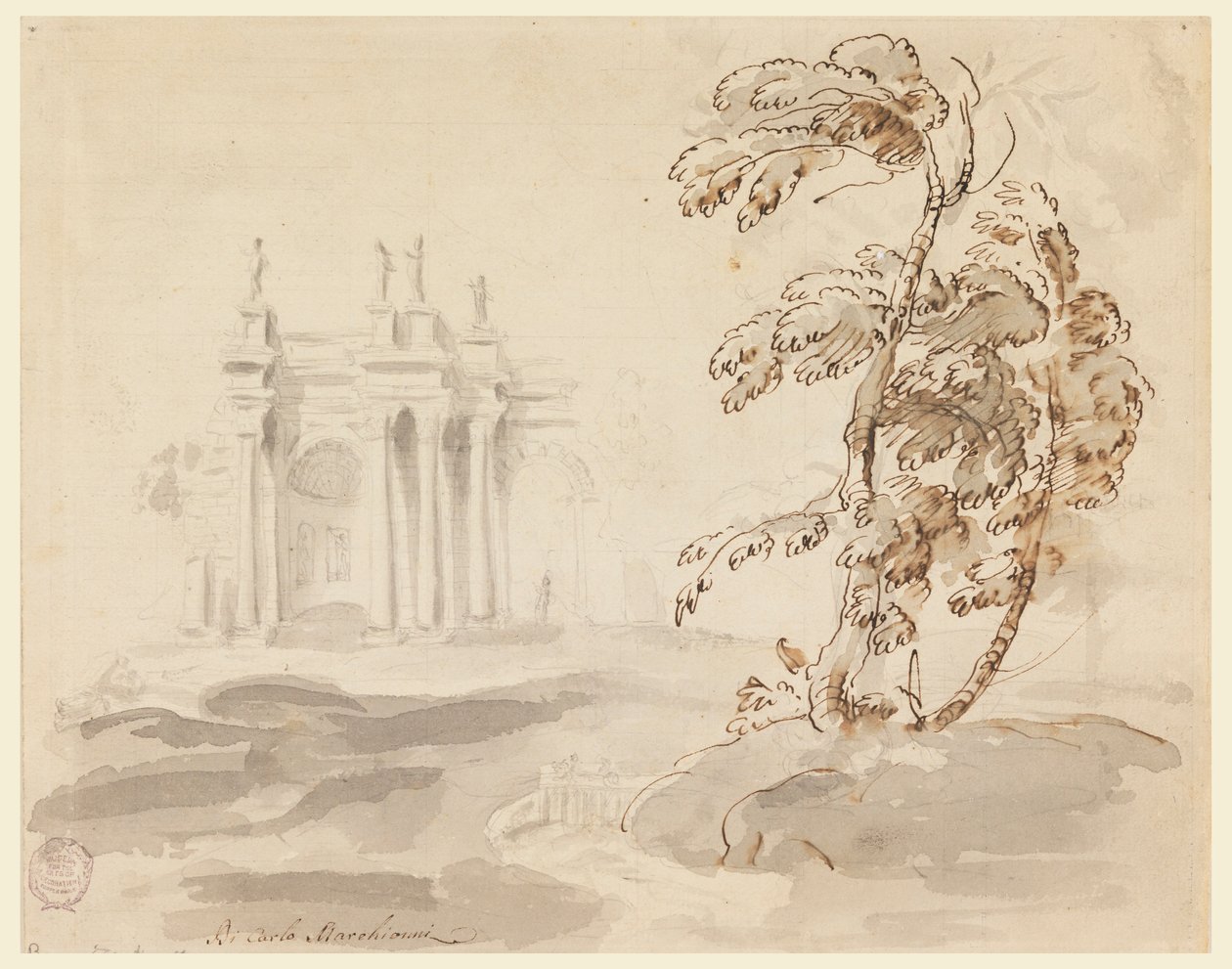 Rajz, Fa tájképben épülettel, 1756-78 alkotó: Carlo Marchionni