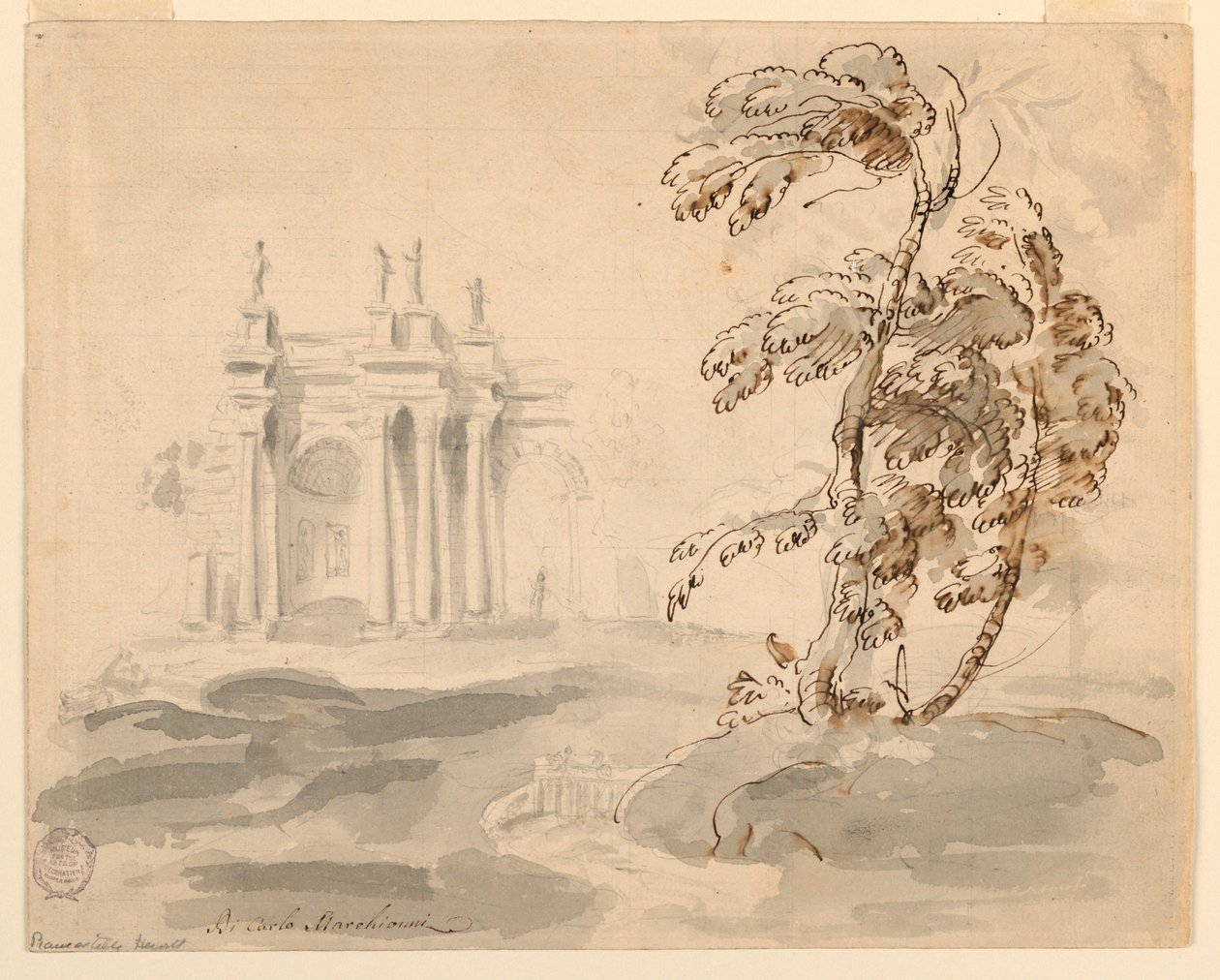 Rajz, Fa tájképben épülettel, 1756-78 alkotó: Carlo Marchionni