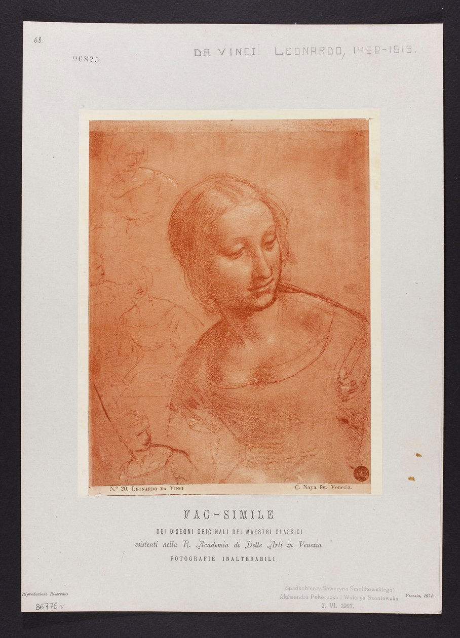 Studie eines weiblichen Büstenbildes, Zeichnung von Leonardo da Vinci (1452-1519) aus der Sammlung der R. Accademia di Belle Arti in Venedig; Tafel aus der Mappe: "Fac-simile dei disegni originali dei maestri classici esistenti nella R. Academia di Belle A alkotó: Carlo Naya