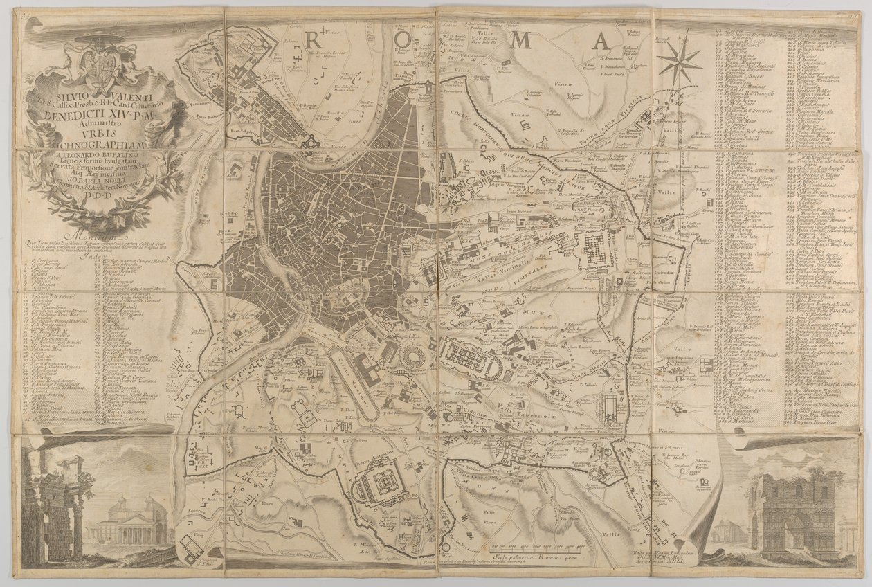 Az ókori Róma terve, kilátással a Pantheonra lent balra és egy diadalív alsó fúrótoronyra..., 1748 alkotó: Carlo Nolli