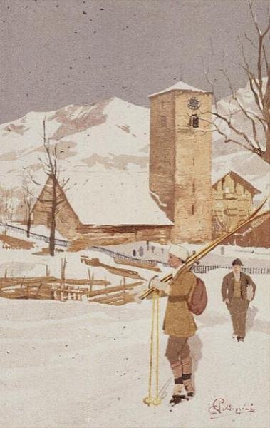 Kilátás Adelbodenre, Svájcra (színes litó) alkotó: Carlo Pellegrini