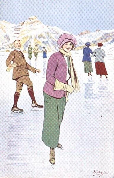 Korcsolyázók a pályán Engelbergben, Svájcban (színes litó) alkotó: Carlo Pellegrini