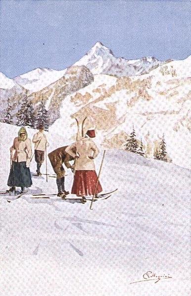 Síelők szünetet tartanak a lejtőn (színes litho) alkotó: Carlo Pellegrini