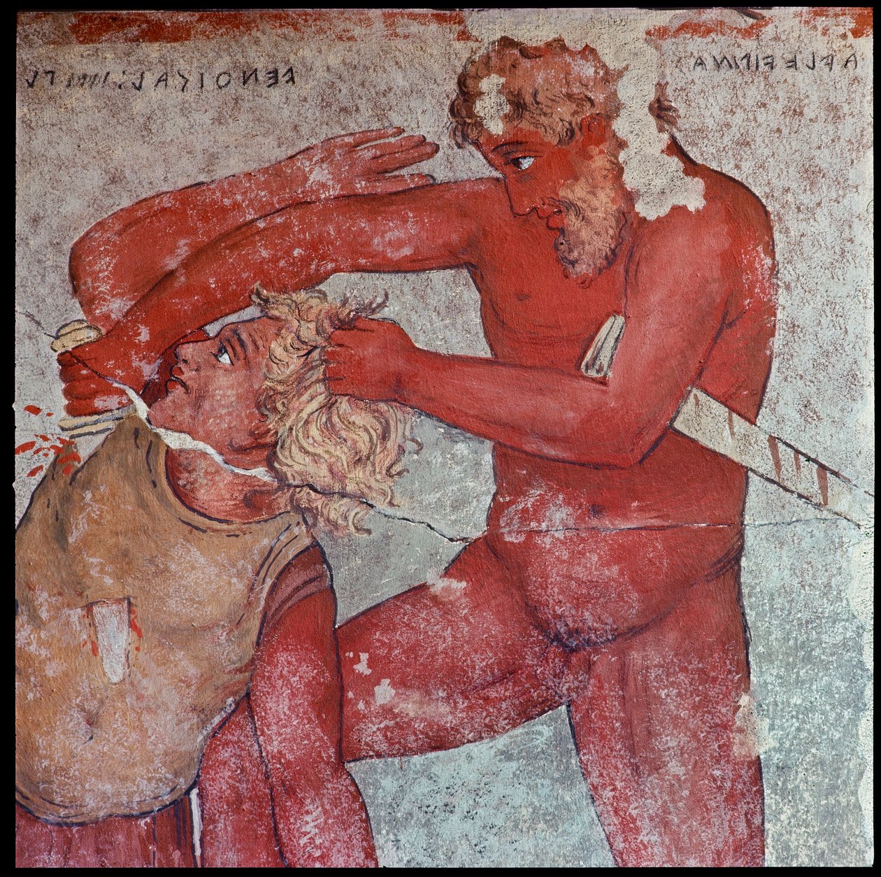 Etruszk civilizáció: „” a trójai foglyok feláldozásának ábrázolása Patroclus előtt tisztelegve””” Carlo Ruspi (1786-1863) reprodukciója a Vulci Francois-sír Kr.e. IV. századi freskóiról. Firenze, Régészeti Múzeum alkotó: Carlo Ruspi
