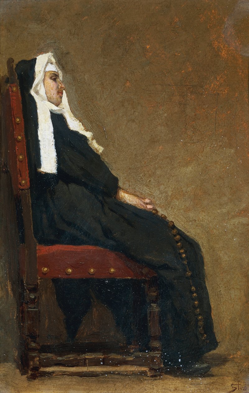 Apáca, Carlo Stragliati (1869-1925), olaj, karton, 30,5x20,5 cm. alkotó: Carlo Stragliati
