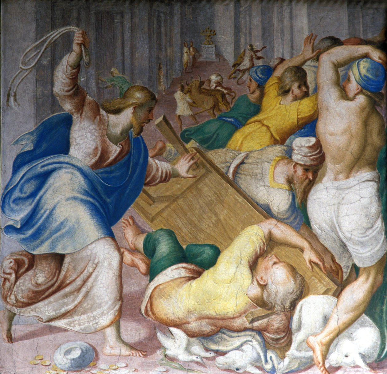 Jézus Krisztus kiűzi a kereskedőket a templom kapujából. Carlo Urbino freskója. Milánó, S. Maria della Passione. alkotó: Carlo Urbino