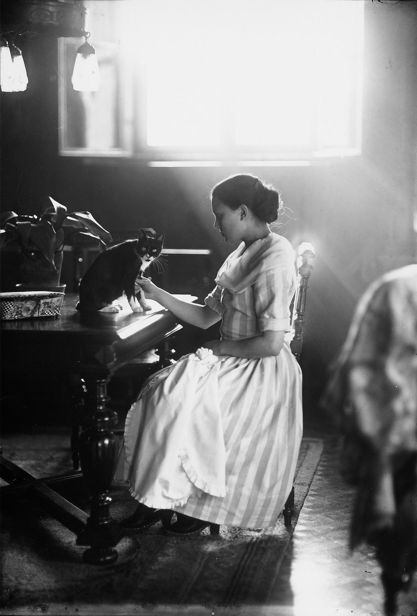 Portré Wanda-ról, aki egy asztalnál ül a macskájával, Trieszt, 1910 körül (üvegtányér) alkotó: Carlo Wulz