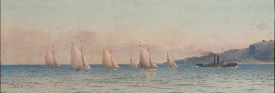 Tengerkép vitorlásversennyel és vontatóhajóval Portugues: Navy with Sail Regatta and Towboat alkotó: Carlos Balliester