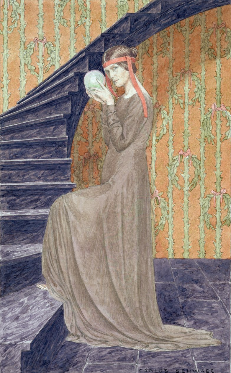 Fiatal nő esztétikus stílusú ruhában, kezében egy gömb, 1894 alkotó: Carlos Schwabe