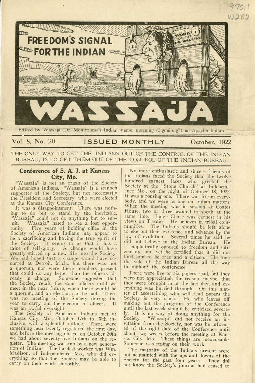 Wassaja, Vol. 8., 20. szám, 1922. október alkotó: Carlos Montezuma