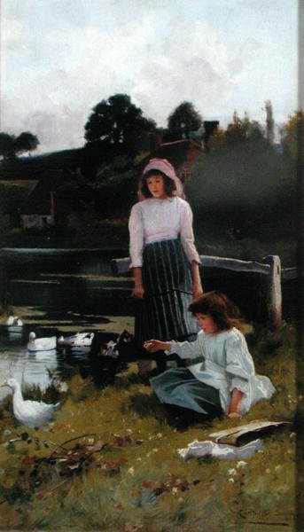 A kacsák etetése (olaj a panelen) alkotó: Carlton Alfred Smith