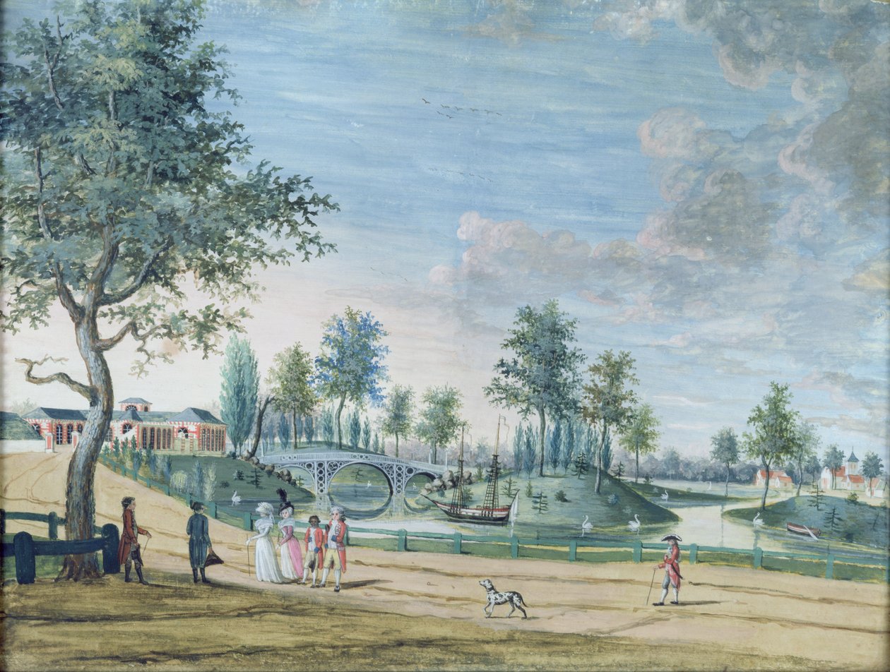 Vasúti híd, Parc du Raincy (Chartre hercege és hercegnéje úton az Orangerie-be) alkotó: Louis Carrogis dit Carmontelle