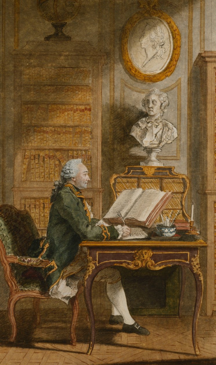 Monsieur de Cormainville a könyvtárában, Ír az íróasztalánál, alkotó: Carmontelle