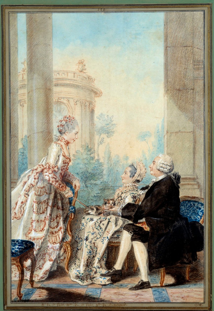 Monsieur és Madame de Saint Vast és Mademoiselle de Beauregard akvarell, Louis Carrogis dit Carmontelle alkotó: Carmontelle