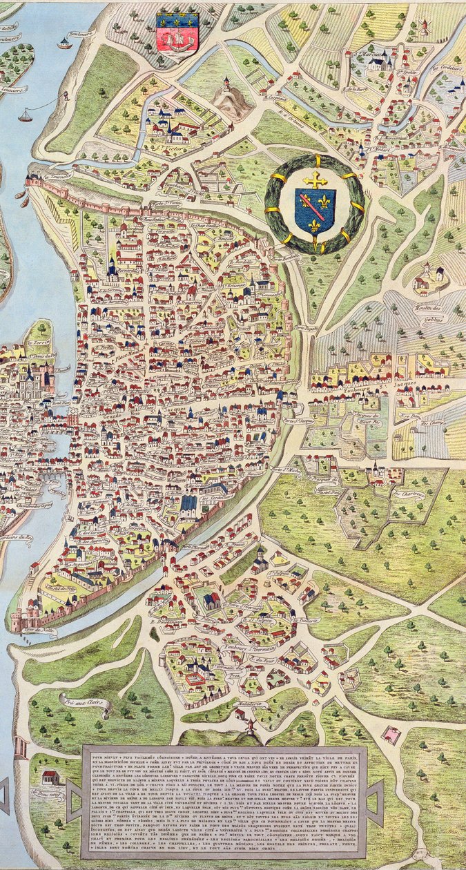 Részlet a balpartról, Párizs térképéről c. 1540, Plan de la Tapisserie néven, gobelinként készült 1570 körül, 1818 színes metszet alkotó: Caroline Naudet