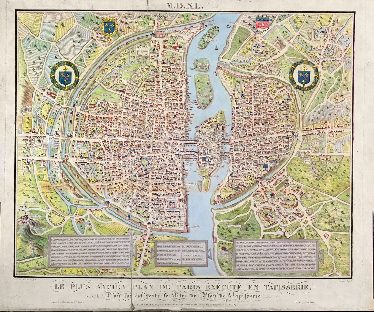 Párizs 1540 körüli térképe, az úgynevezett Plan de la Tapisserie, faliszőnyegként készült 1571 körül, 1818 (színes metszet) alkotó: Caroline Naudet
