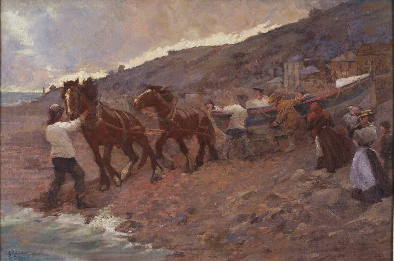A mentőcsónak vízre bocsátása (olaj, vászon) alkotó: Caroline St Clair Graham