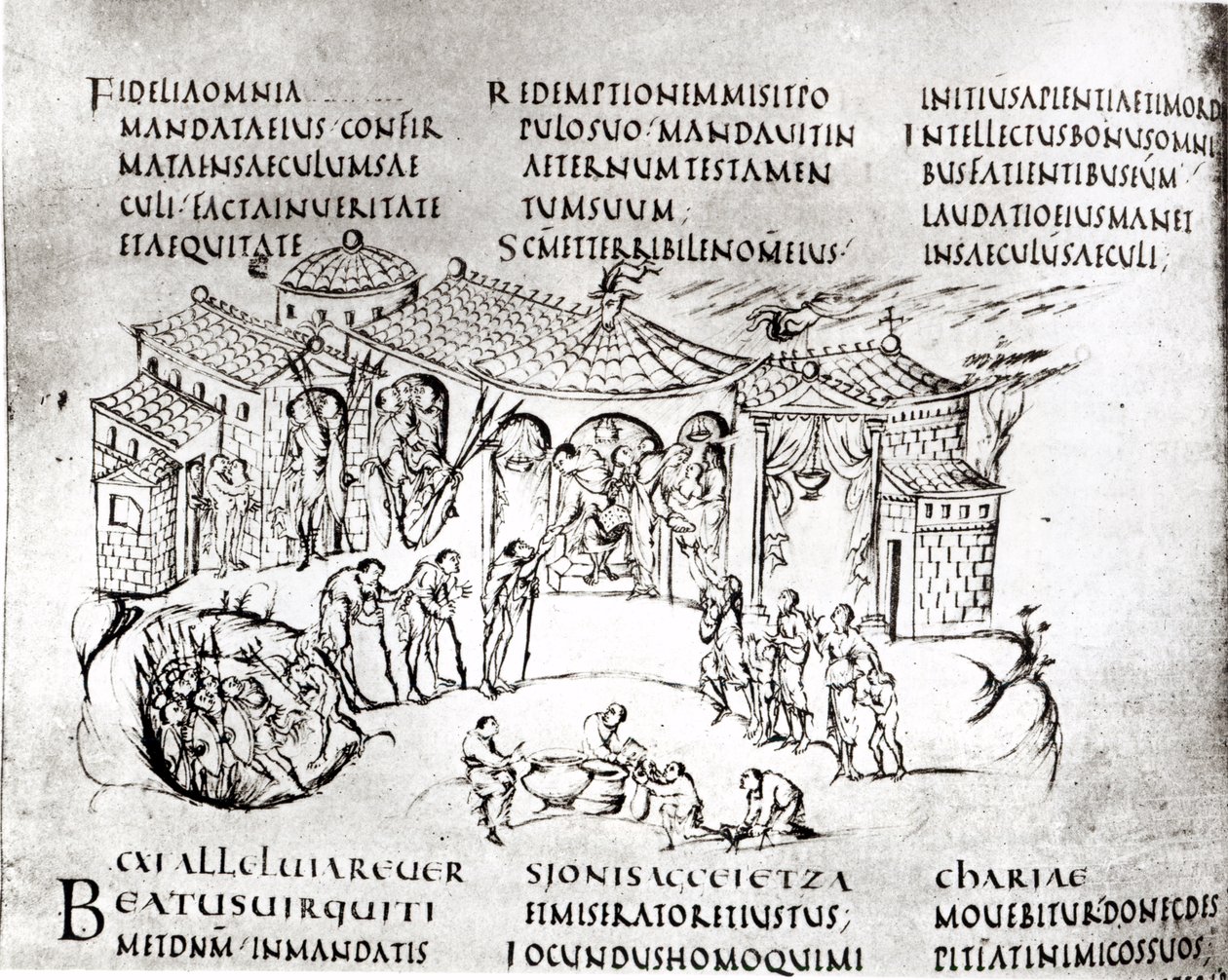 Különféle jelenetek, amelyek egy zsoltárt illusztrálnak, az Utrechti zsoltárból, a reimsi eredeti másolata jelenleg az Utrechti Egyetemi Könyvtárban (toll és tinta) alkotó: Carolingian School
