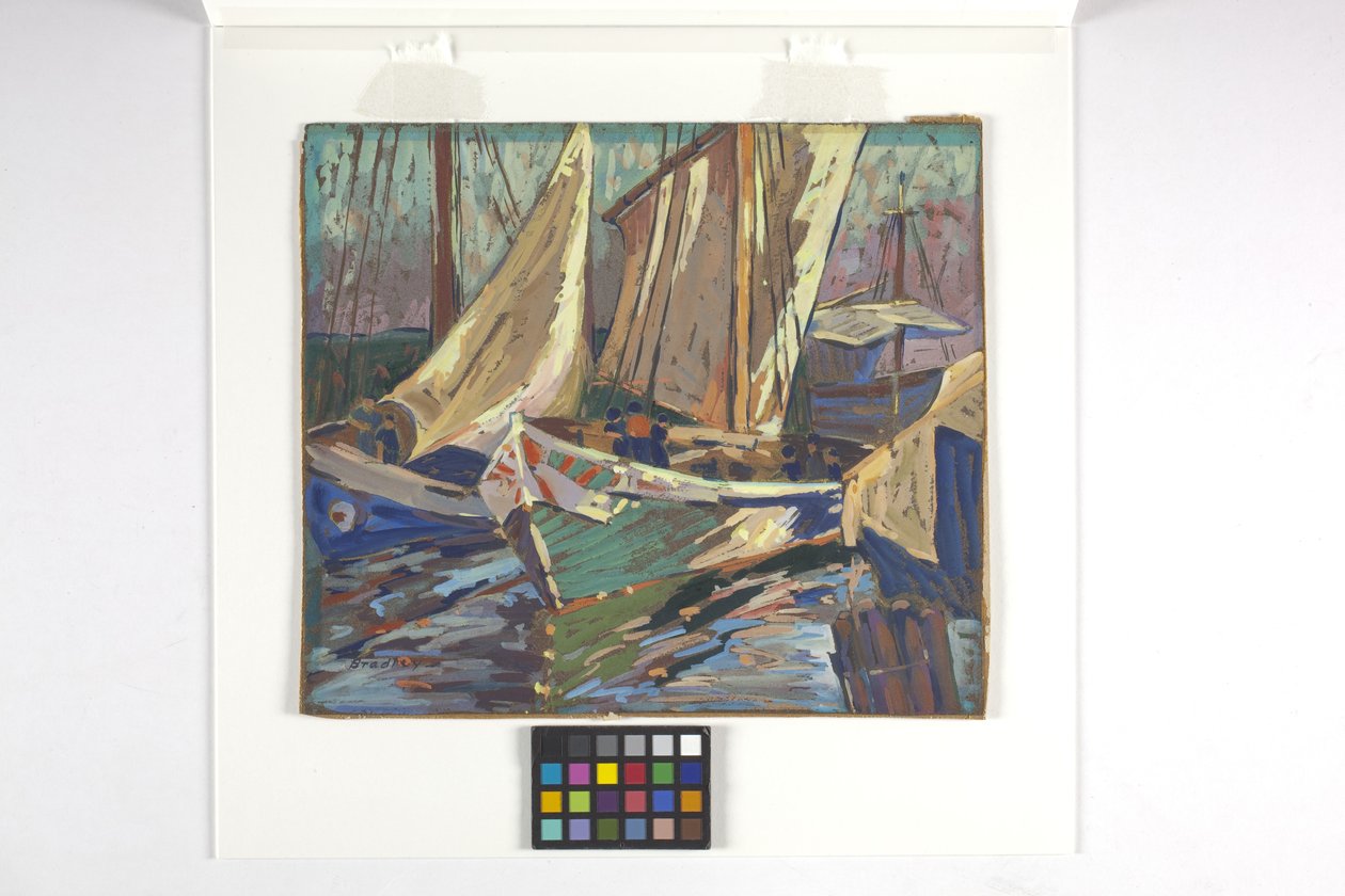 Halászhajók a kikötőben (gouache, barna papír) alkotó: Carolyn Bradley