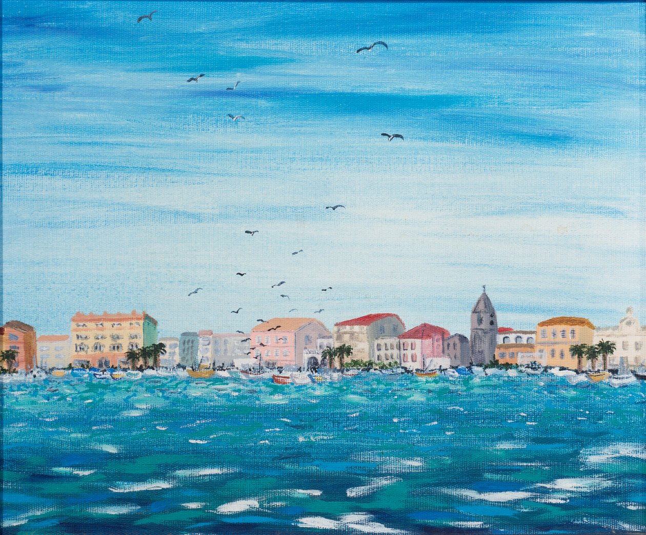 Tengeri jelenet házakkal, 1995 (akril, tábla) alkotó: Carolyn Hubbard Ford