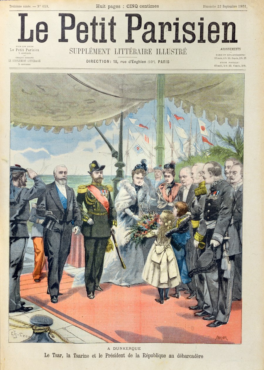 II. Miklós cárt feleségével, Alexandra cárnővel üdvözölte Dunkerque-ben Loubet elnök, a „Le Petit Parisien” borítója, 1901. szeptember 22. alkotó: Carrey