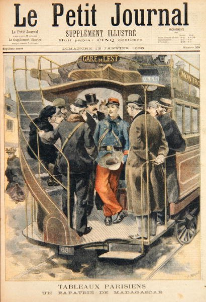 Egy hazatelepült katona Madagaszkárról, Fortune-Louis Meaulle (1844-1901) illusztrációja a Le Petit Journalból, 1896. január 12. (színes metszet) alkotó: Carrey