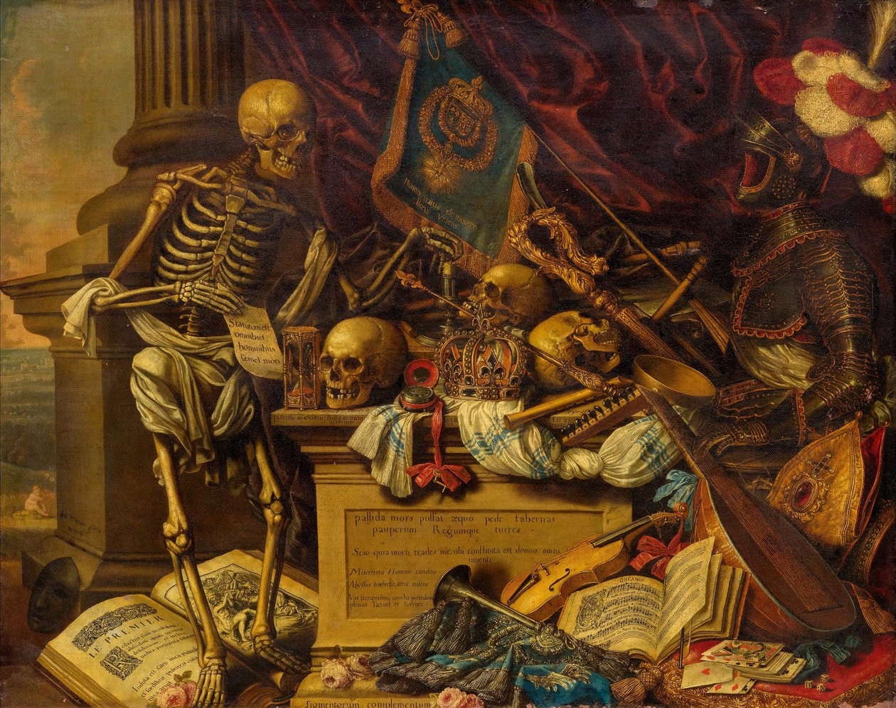 Vanitas csendélet hangszerekkel, könyvekkel, kottákkal, csontvázzal, koponyával és páncélzattal, 17. sz. alkotó: Carstian Luyckx