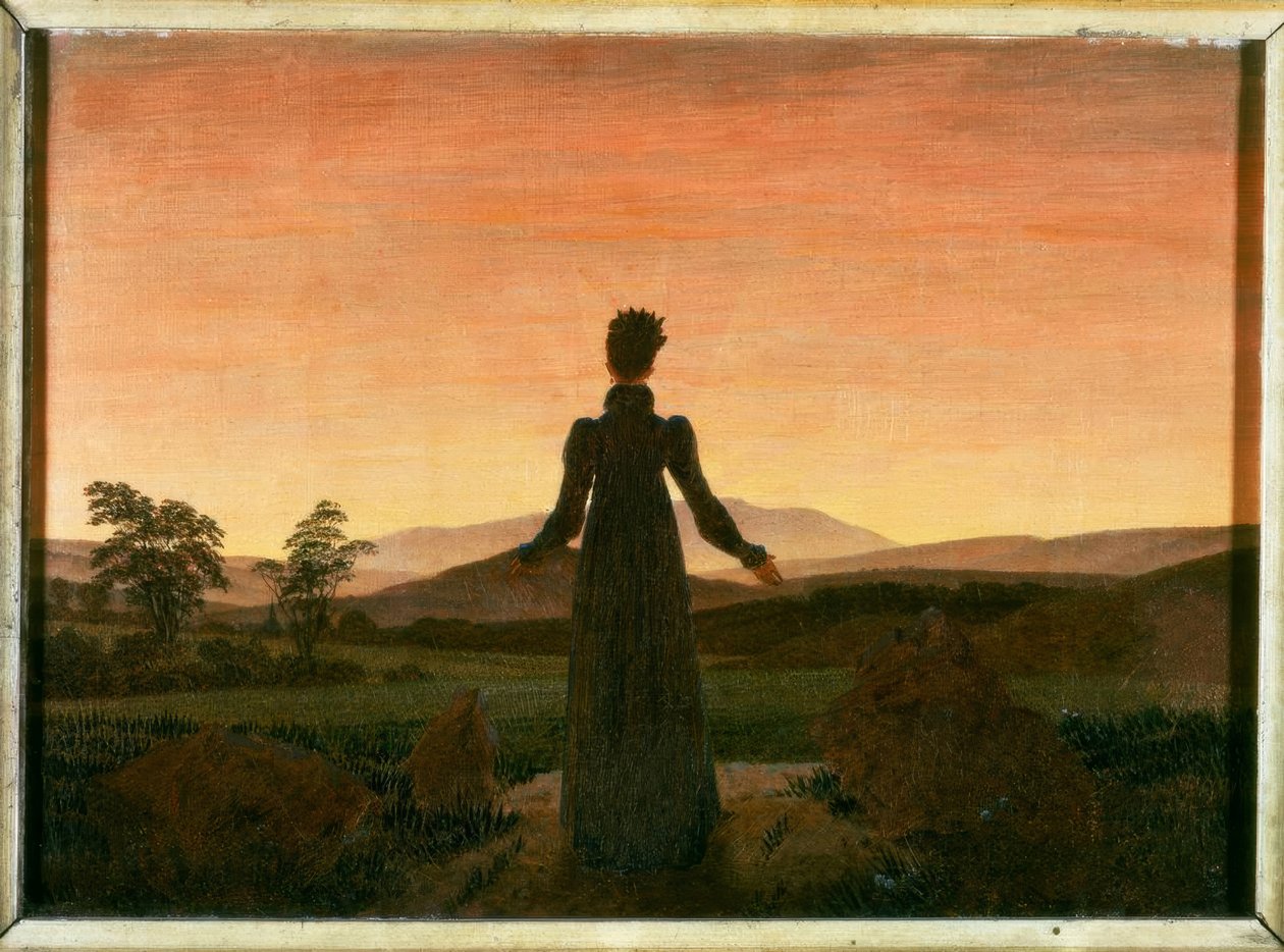 Nő a lenyugvó nap előtt alkotó: Caspar David Friedrich