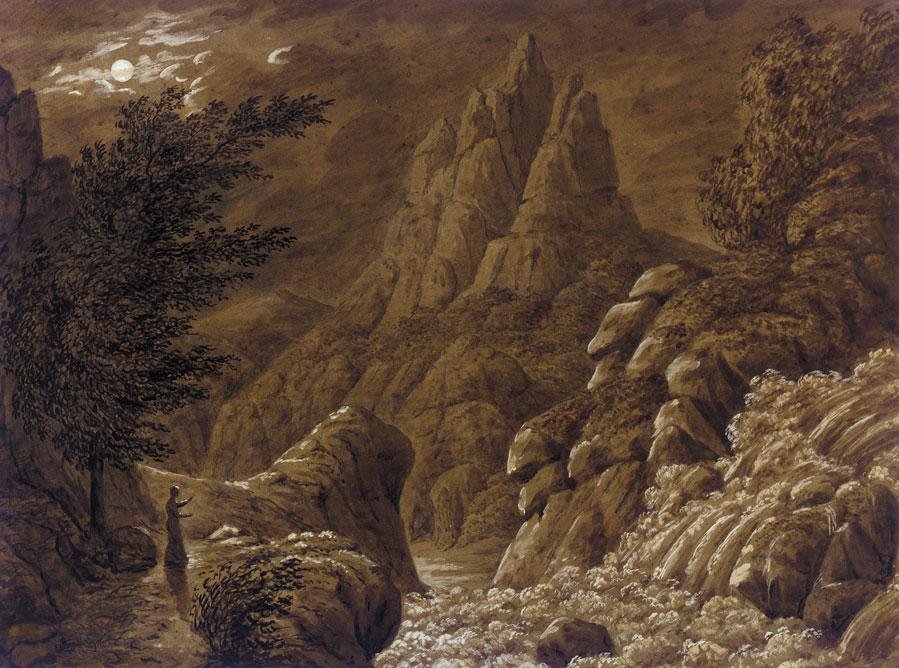 Ideális hegyi táj vízeséssel alkotó: Caspar David Friedrich