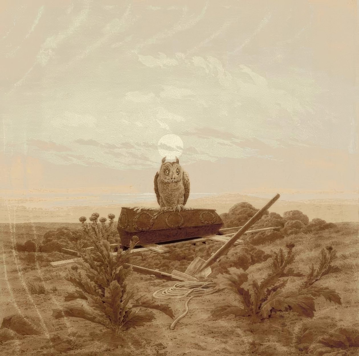 Táj egy sírral, egy koporsóval és egy bagollyal alkotó: Caspar David Friedrich