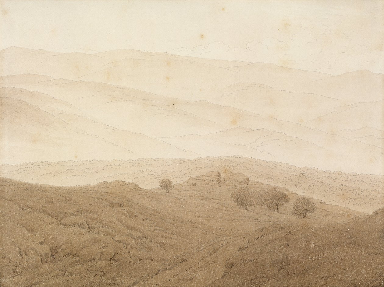 Hegyi táj Teplitz közelében (grafit és mosás) alkotó: Caspar David Friedrich
