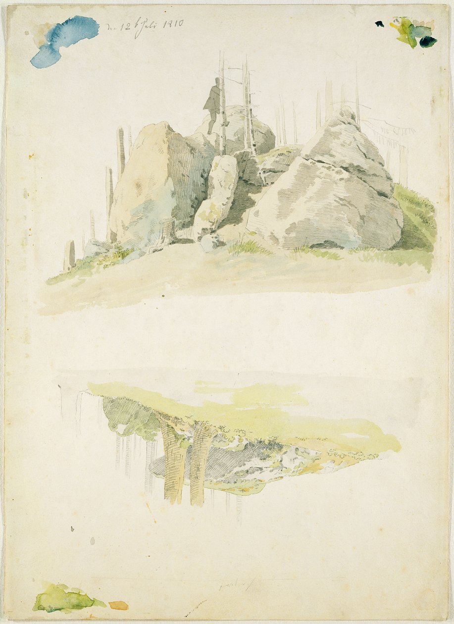 Szikla és fa: 1810. július 12. (wc és ceruza, papír) alkotó: Caspar David Friedrich