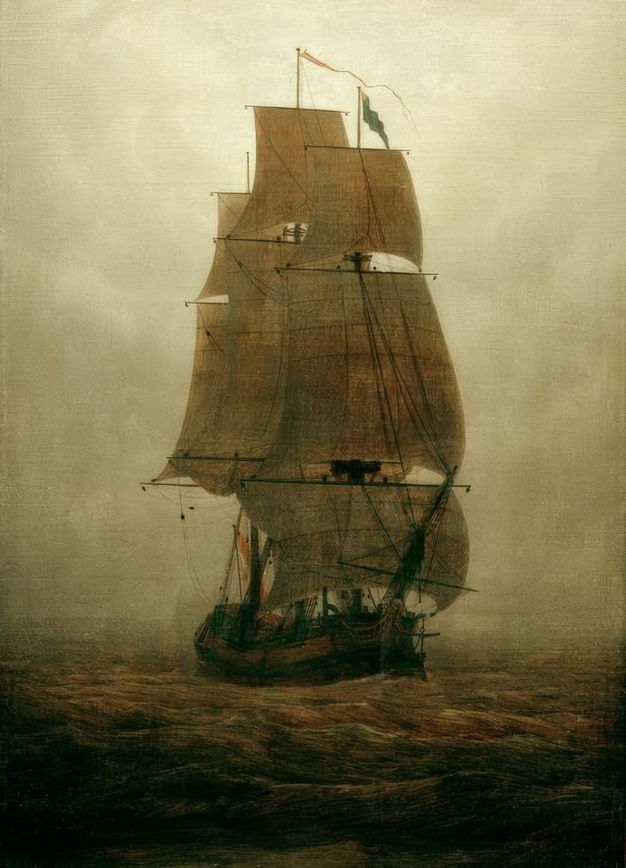 Vitorlás hajó a ködben alkotó: Caspar David Friedrich