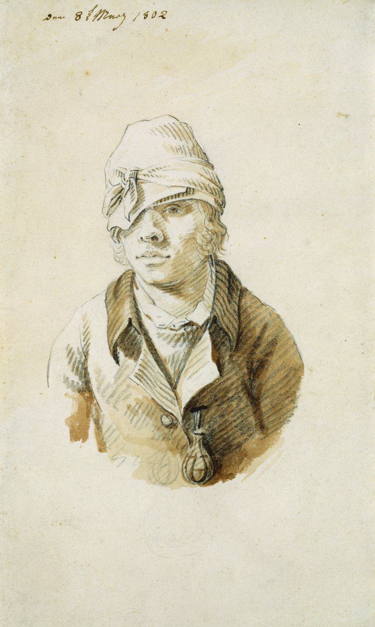 Önarckép sapkával és szemfolttal, 1802. május 8. (ceruza, ecset és WC papíron) alkotó: Caspar David Friedrich