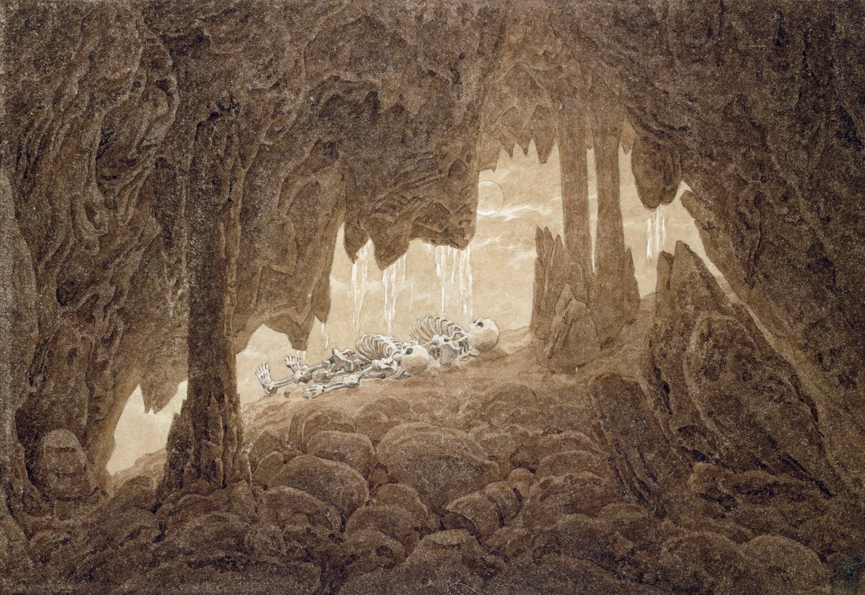 Csontváz a barlangban (szépia tinta és ceruza papíron) alkotó: Caspar David Friedrich