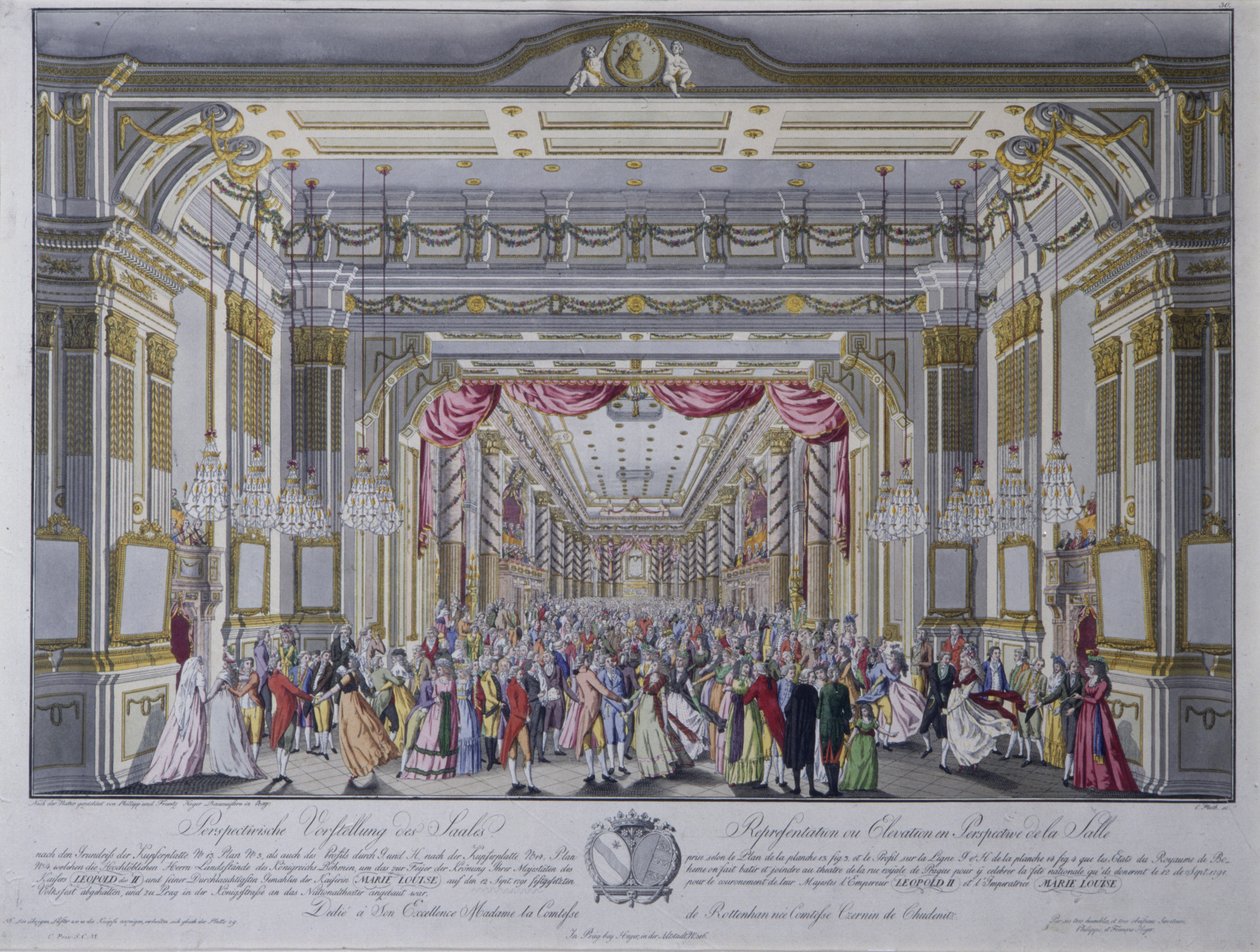 Bál II. Lipót cseh királlyá koronázását követően Prágában 1791-ben (kézzel színezett metszet) alkotó: Caspar Pluth