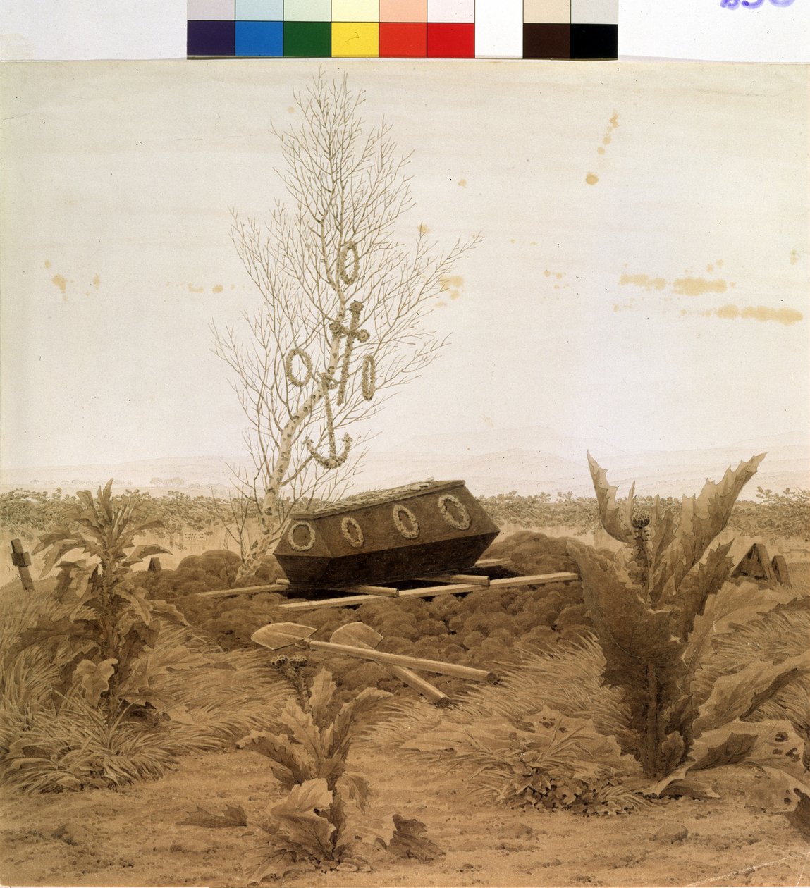 "A sír szélén" Egy koporsó, amelyet le akarnak engedni a sír aljára. Caspar David Friedrich (1774-1840) tollrajza 1830 körül Puskin Múzeum, Moszkva alkotó: Caspar David Friedrich