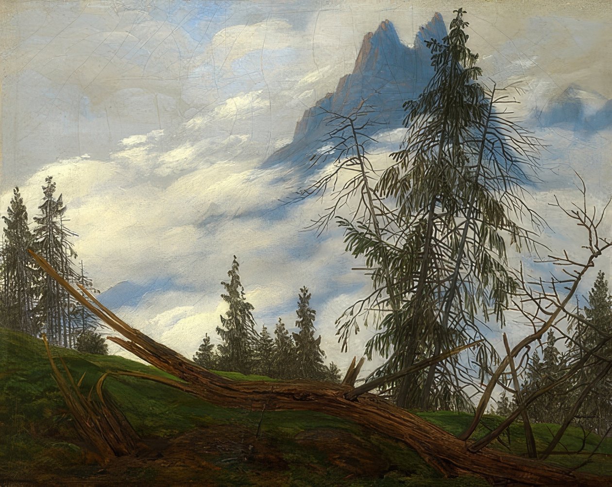 Hegycsúcsok mozgó felhőkkel. 1835 körül alkotó: Caspar David Friedrich