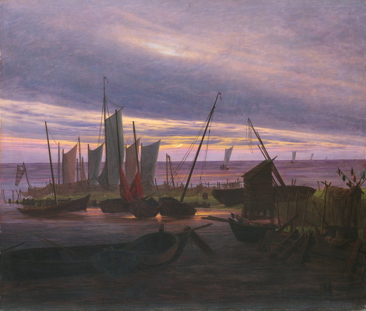 Hajók a kikötőben este, c. 1828 alkotó: Caspar David Friedrich