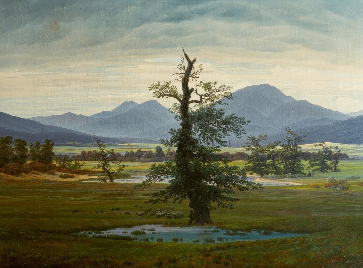 Falusi táj reggeli világítással alkotó: Caspar David Friedrich