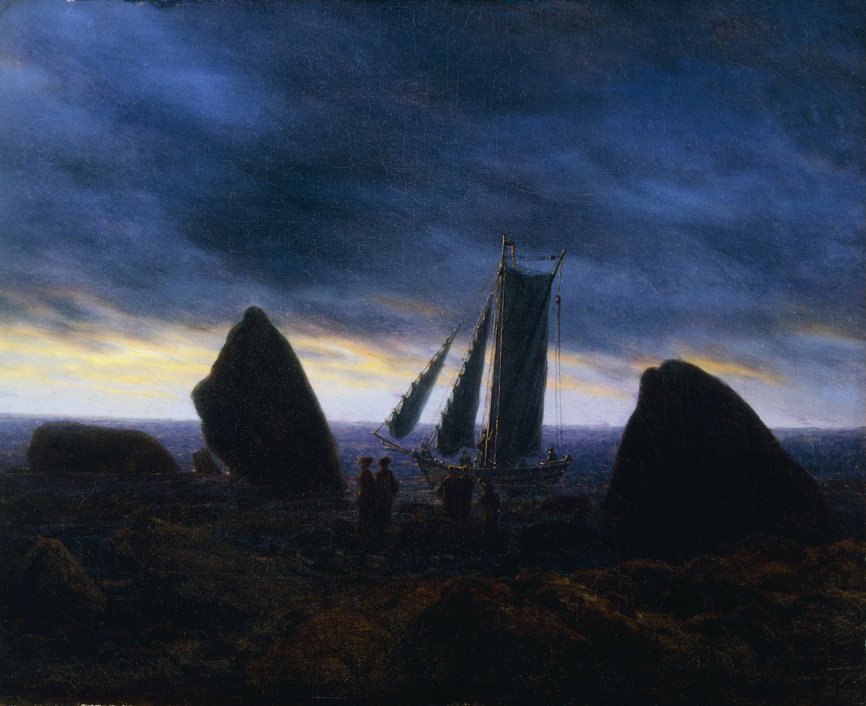 halászhajó, elhaladó alakok, egy tengerparton, a Balti-tenger mellett; Halászhajó sziklák között a balti-tengeri strandon, alkotó: Caspar David Friedrich
