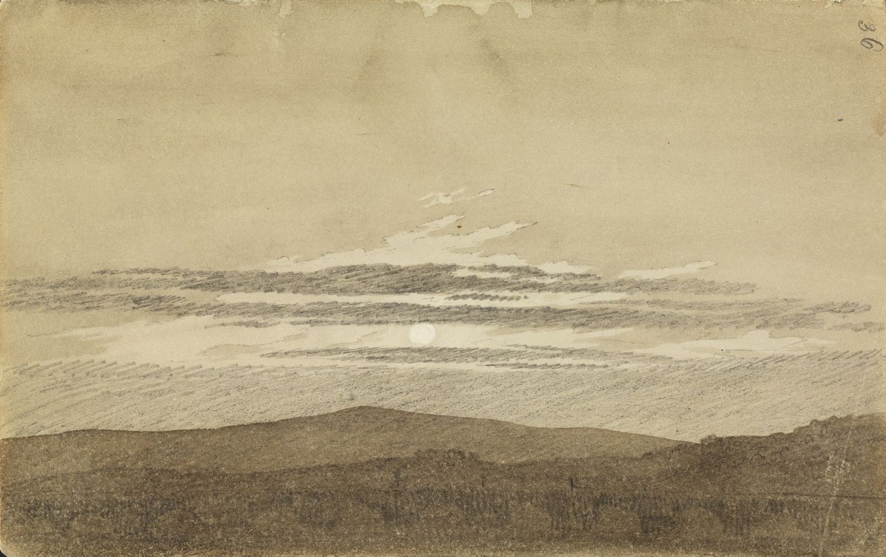 Hegyvidéki táj naplementében alkotó: Caspar David Friedrich