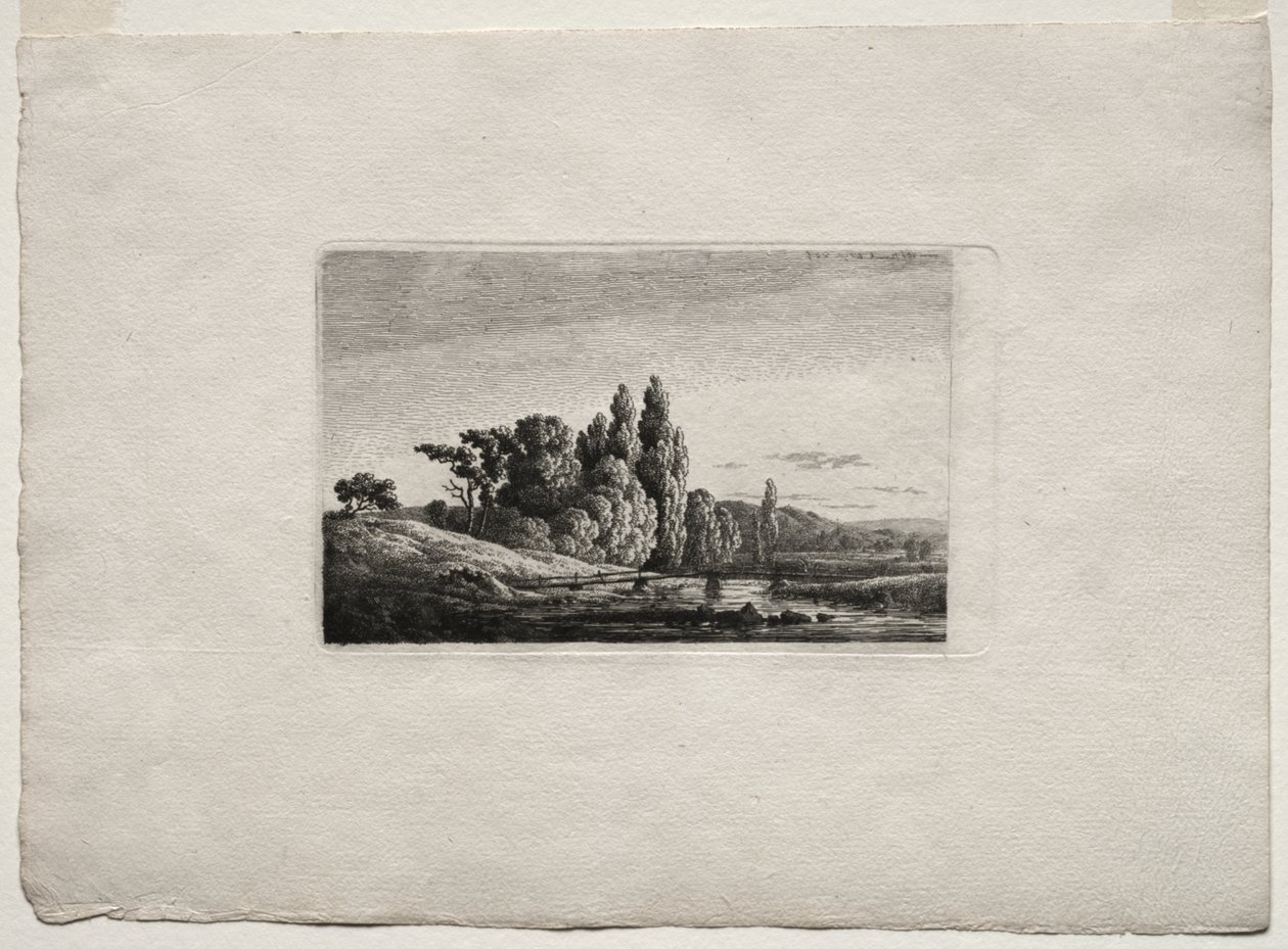 Gyaloghíd kereszttel a fák előtt a folyónál alkotó: Caspar David Friedrich