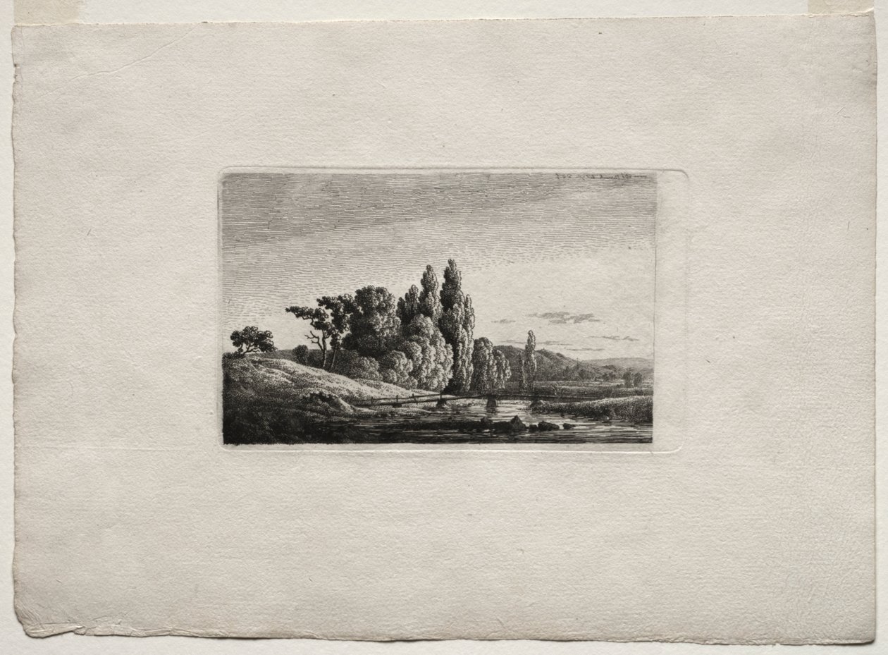Gyaloghíd kereszttel a fák előtt egy folyónál, 1803 körül. alkotó: Caspar David Friedrich