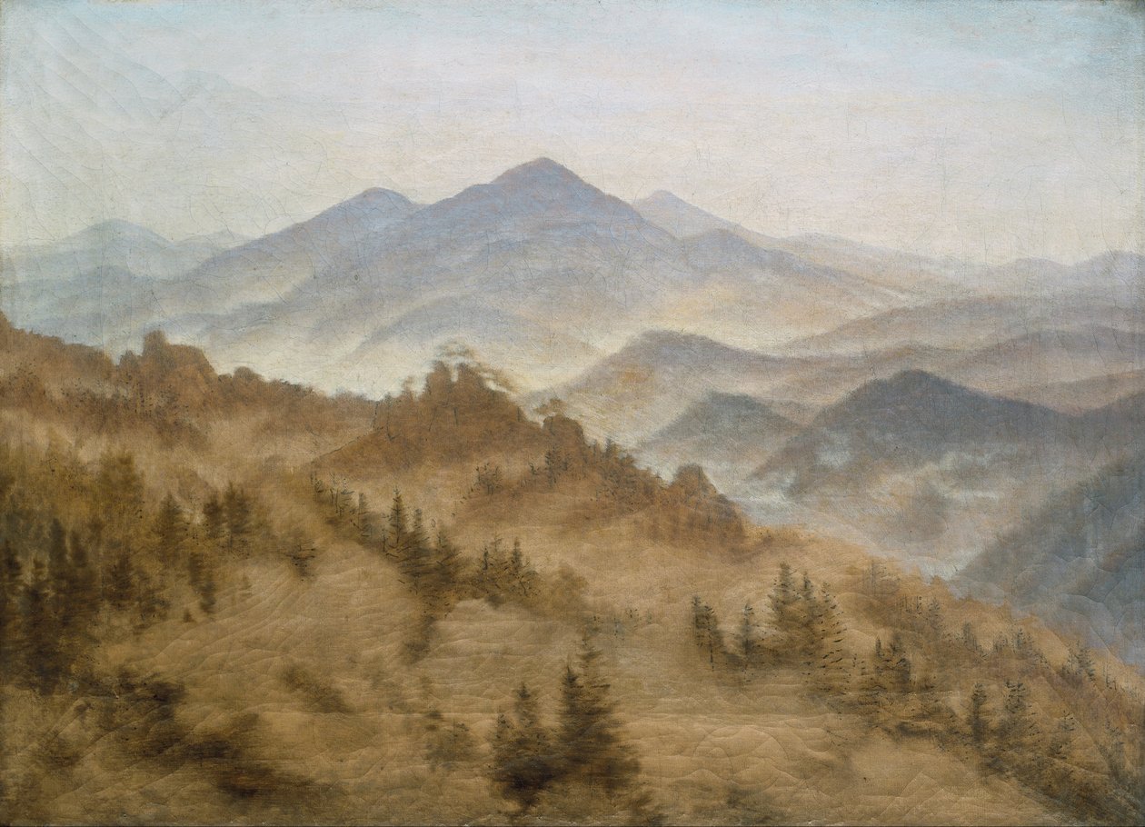 Német: Gebirge bei aufsteigenem Nebel Tájkép a Rosenberggel a Cseh-hegységben alkotó: Caspar David Friedrich