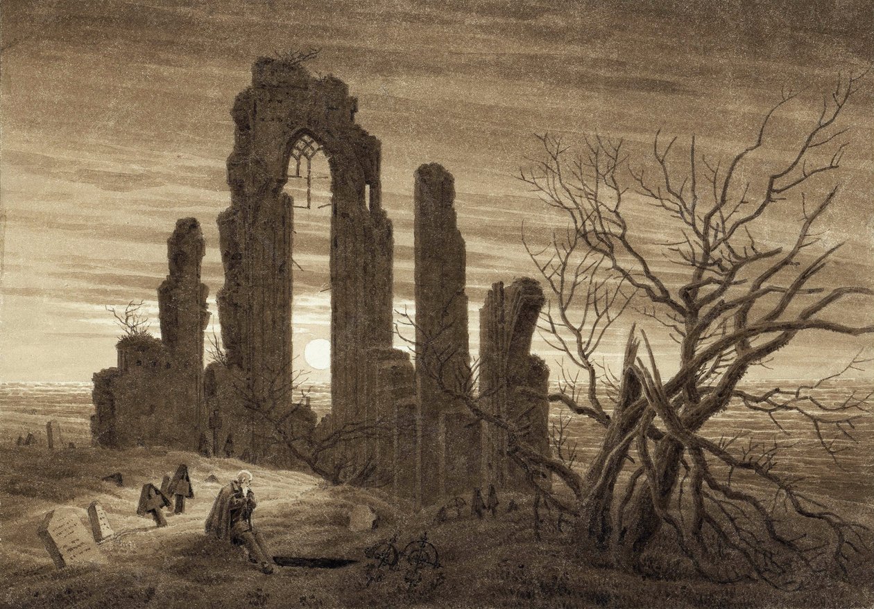 Tél, éjszaka, öregség és halál (részlet a nap óráinak és az ember korának ciklusából) - Caspar David Friedrich (1774-1840) alkotása, szépia papíron (19,2x27,5 cm) alkotó: Caspar David Friedrich
